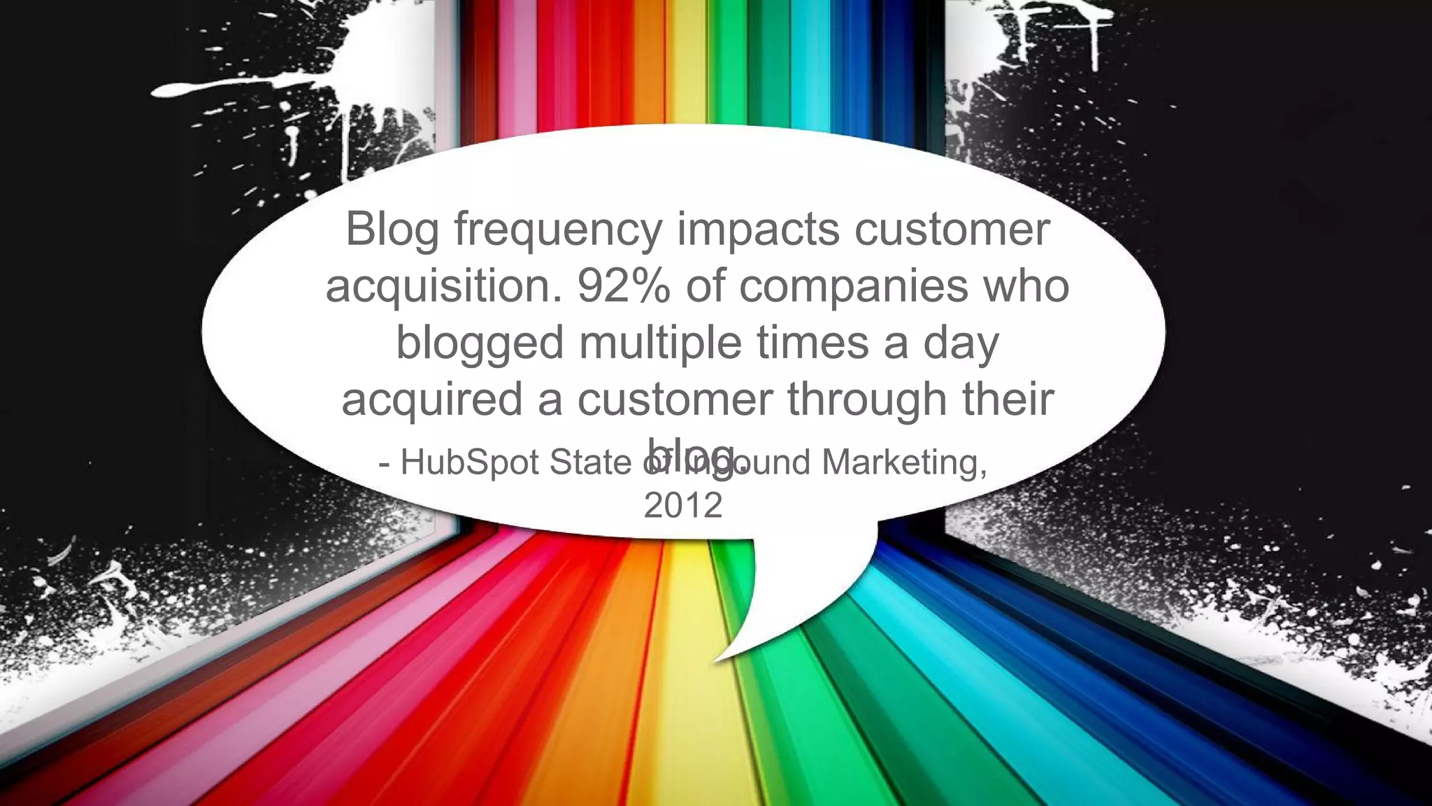 Blog frequency impacts customer acquisition.
92% of companies who blogged multiple times a
day acquired a customer through their blog.
- HubSpot State of Inbound Marketing,
2012

 