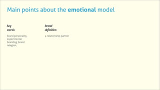 Main points about the emotional model

key                  brand
words                definition
brand personality,   a relationship partner
experimental
branding, brand
relegion,
 