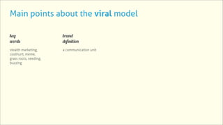 Main points about the viral model

key                     brand
words                   definition
stealth marketing,      a communication unit
coolhunt, meme,
grass roots, seeding,
buzzing
 