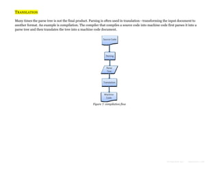 TRANSLATION
Many times the parse tree is not the final product. Parsing is often used in translation - transforming the input document to
another format. An example is compilation. The compiler that compiles a source code into machine code first parses it into a
parse tree and then translates the tree into a machine code document.

Figure 7: compilation flow

Formatted by:

kmonsoor.com

 
