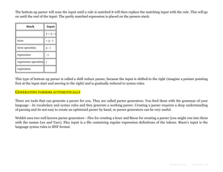 The bottom up parser will scan the input until a rule is matched it will then replace the matching input with the rule. This will go
on until the end of the input. The partly matched expression is placed on the parsers stack.
Stack

Input
2+3-1

term

+3-1

term operation

3-1

expression

-1

expression operation 1
expression

This type of bottom up parser is called a shift reduce parser, because the input is shifted to the right (imagine a pointer pointing
first at the input start and moving to the right) and is gradually reduced to syntax rules.

GENERATING PARSERS AUTOMATICALLY
There are tools that can generate a parser for you. They are called parser generators. You feed them with the grammar of your
language - its vocabulary and syntax rules and they generate a working parser. Creating a parser requires a deep understanding
of parsing and its not easy to create an optimized parser by hand, so parser generators can be very useful.
Webkit uses two well known parser generators - Flex for creating a lexer and Bison for creating a parser (you might run into them
with the names Lex and Yacc). Flex input is a file containing regular expression definitions of the tokens. Bison's input is the
language syntax rules in BNF format.

Formatted by:

kmonsoor.com

 