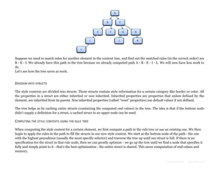 Suppose we need to match rules for another element in the content tree, and find out the matched rules (in the correct order) are
B - E - I. We already have this path in the tree because we already computed path A - B - E - I - L. We will now have less work to
do.
Let's see how the tree saves as work.
DIVISION INTO STRUCTS
The style contexts are divided into structs. Those structs contain style information for a certain category like border or color. All
the properties in a struct are either inherited or non inherited. Inherited properties are properties that unless defined by the
element, are inherited from its parent. Non inherited properties (called "reset" properties) use default values if not defined.
The tree helps us by caching entire structs (containing the computed end values) in the tree. The idea is that if the bottom node
didn't supply a definition for a struct, a cached struct in an upper node can be used.
COMPUTING THE STYLE CONTEXTS USING THE RULE

TREE

When computing the style context for a certain element, we first compute a path in the rule tree or use an existing one. We then
begin to apply the rules in the path to fill the structs in our new style context. We start at the bottom node of the path - the one
with the highest precedence (usually the most specific selector) and traverse the tree up until our struct is full. If there is no
specification for the struct in that rule node, then we can greatly optimize - we go up the tree until we find a node that specifies it
fully and simply point to it - that's the best optimization - the entire struct is shared. This saves computation of end values and
memory.
Formatted by:

kmonsoor.com

 