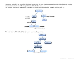 To simplify things let's say we need to fill out only two structs - the color struct and the margin struct. The color struct contains
only one member - the color The margin struct contains the four sides.
The resulting rule tree will look like this (the nodes are marked with the node name : the # of rule they point at):

Figure 12: The rule tree

The context tree will look like this (node name : rule node they point to):

Figure 13: The context tree

Formatted by:

kmonsoor.com

 