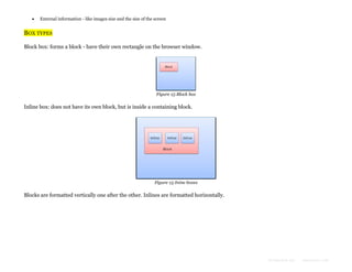 

External information - like images size and the size of the screen

BOX TYPES
Block box: forms a block - have their own rectangle on the browser window.

Figure 15:Block box

Inline box: does not have its own block, but is inside a containing block.

Figure 15:Inine boxes

Blocks are formatted vertically one after the other. Inlines are formatted horizontally.

Formatted by:

kmonsoor.com

 