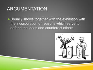 ARGUMENTATION
Usually shows together with the exhibition with
the incorporation of reasons which serve to
defend the ideas and counteract others.
 