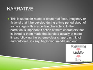 NARRATIVE
 This is useful for relate or count real facts, imaginary or
fictional that it be develop during a time period about of
some stage with any certain characters. In the
narration is important it action of them characters that
is linked to them made that is relate usually of mode
linear, following the scheme classic: approach, knot
and outcome, it’s say, beginning, middle and end.
 