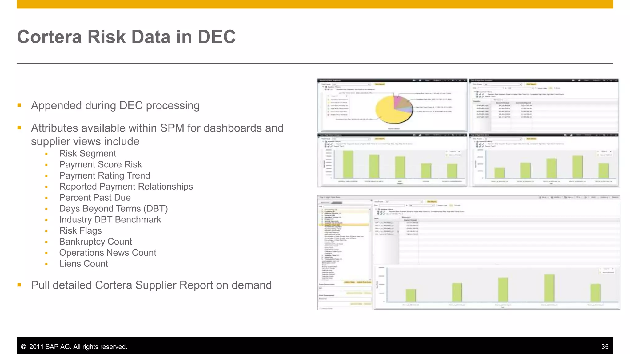 Cortera Risk Data in DEC


 Appended during DEC processing

 Attributes available within SPM for dashboards and
  supplier views include
           Risk Segment
           Payment Score Risk
           Payment Rating Trend
           Reported Payment Relationships
           Percent Past Due
           Days Beyond Terms (DBT)
           Industry DBT Benchmark
           Risk Flags
           Bankruptcy Count
           Operations News Count
           Liens Count

 Pull detailed Cortera Supplier Report on demand




© 2011 SAP AG. All rights reserved.                    35
 