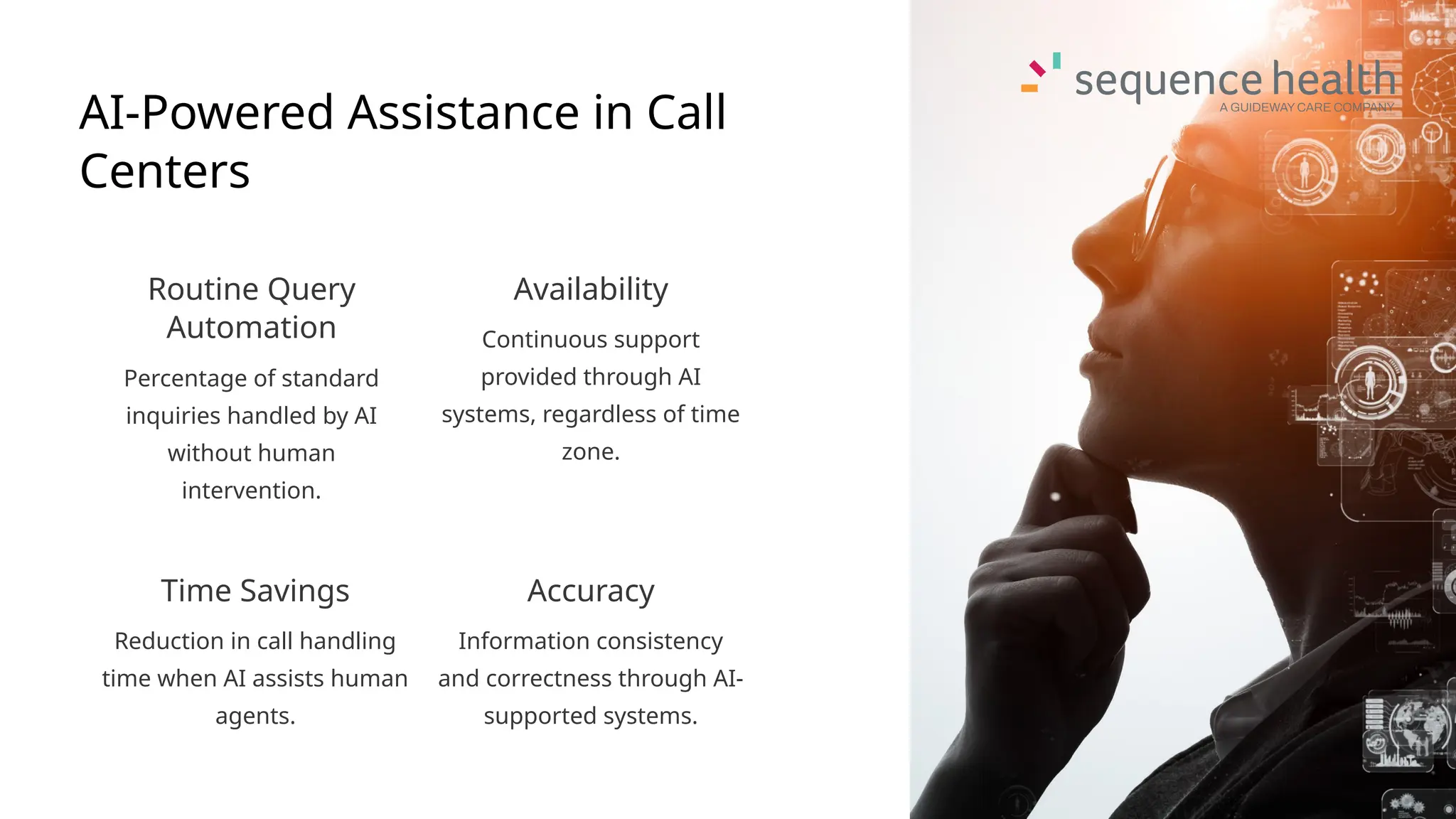 AI-Powered Assistance in Call
Centers
Routine Query
Automation
Percentage of standard
inquiries handled by AI
without human
intervention.
Availability
Continuous support
provided through AI
systems, regardless of time
zone.
Time Savings
Reduction in call handling
time when AI assists human
agents.
Accuracy
Information consistency
and correctness through AI-
supported systems.
 