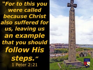“For to this you
were called
because Christ
also suffered for
us, leaving us
an example
that you should
follow His
steps.”
1 Peter 2:21
 