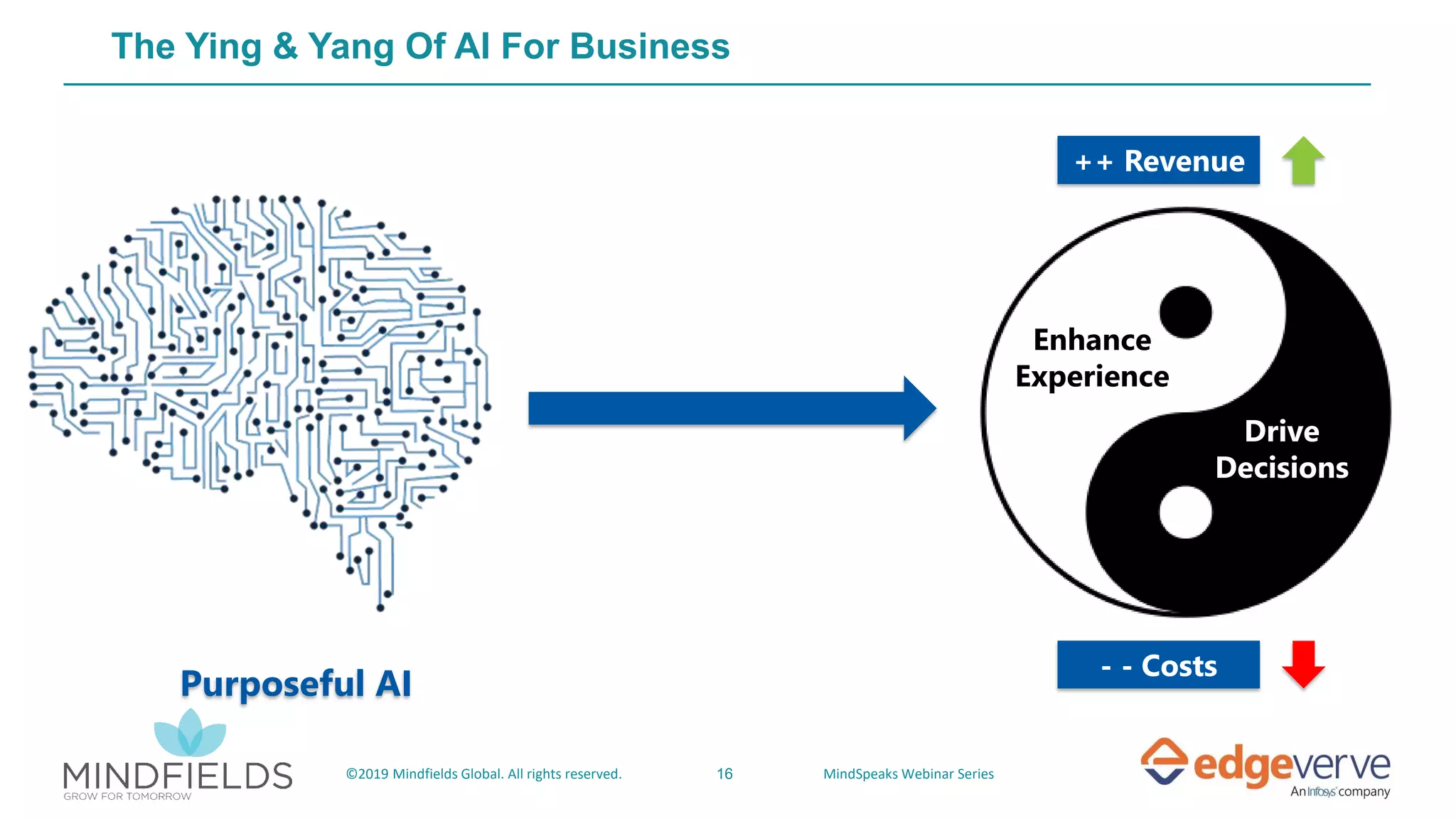 16©2019 Mindfields Global. All rights reserved. MindSpeaks Webinar Series
The Ying & Yang Of AI For Business
Purposeful AI
Enhance
Experience
Drive
Decisions
++ Revenue
- - Costs
 