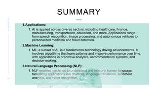SUMMARY
AI
INDUSTRY
1 4
1.Applications:
1. AI is applied across diverse sectors, including healthcare, finance,
manufacturing, transportation, education, and more. Applications range
from speech recognition, image processing, and autonomous vehicles to
personalized medicine and fraud detection.
2.Machine Learning:
1. ML, a subset of AI, is a fundamental technology driving advancements. It
involves algorithms that learn patterns and improve performance over time,
with applications in predictive analytics, recommendation systems, and
decision-making.
3.Natural Language Processing (NLP):
1. NLP enables machines to understand and interpret human language,
facilitating applications like chatbots, language translation, sentiment
analysis, and voice recognition.
 