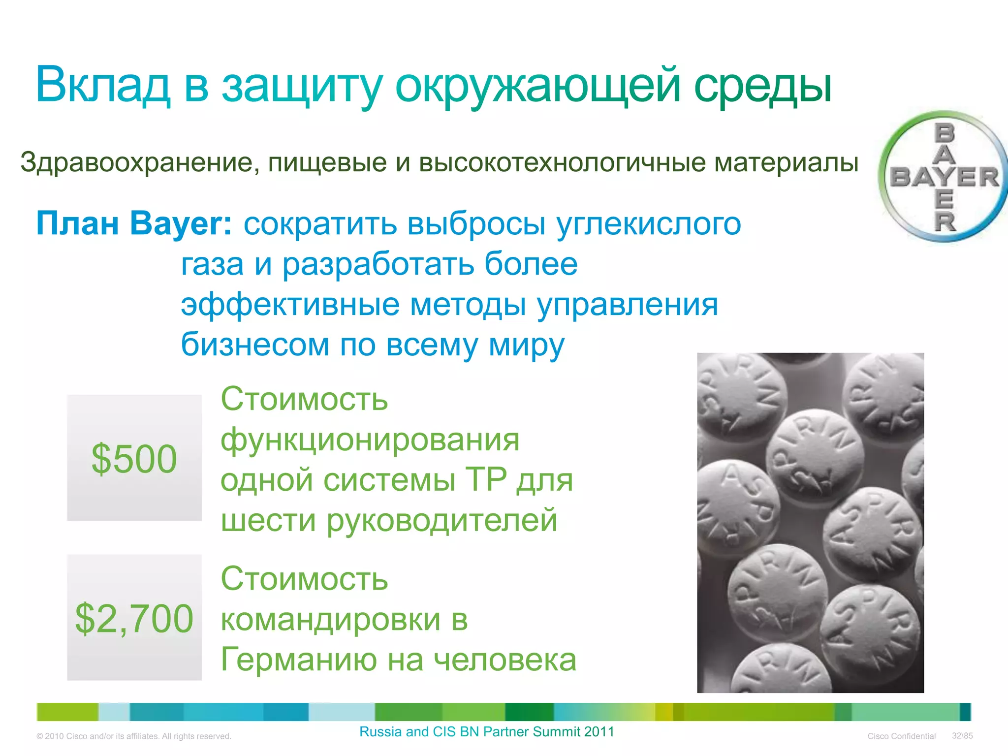 Здравоохранение, пищевые и высокотехнологичные материалы

 План Bayer: сократить выбросы углекислого
        газа и разработать более
        эффективные методы управления
        бизнесом по всему миру
                                                     Стоимость
                                                     функционирования
                $500                                 одной системы TP для
                                                     шести руководителей
                  Стоимость
           $2,700 командировки в
                  Германию на человека

 © 2010 Cisco and/or its affiliates. All rights reserved.                   Cisco Confidential   3285
 