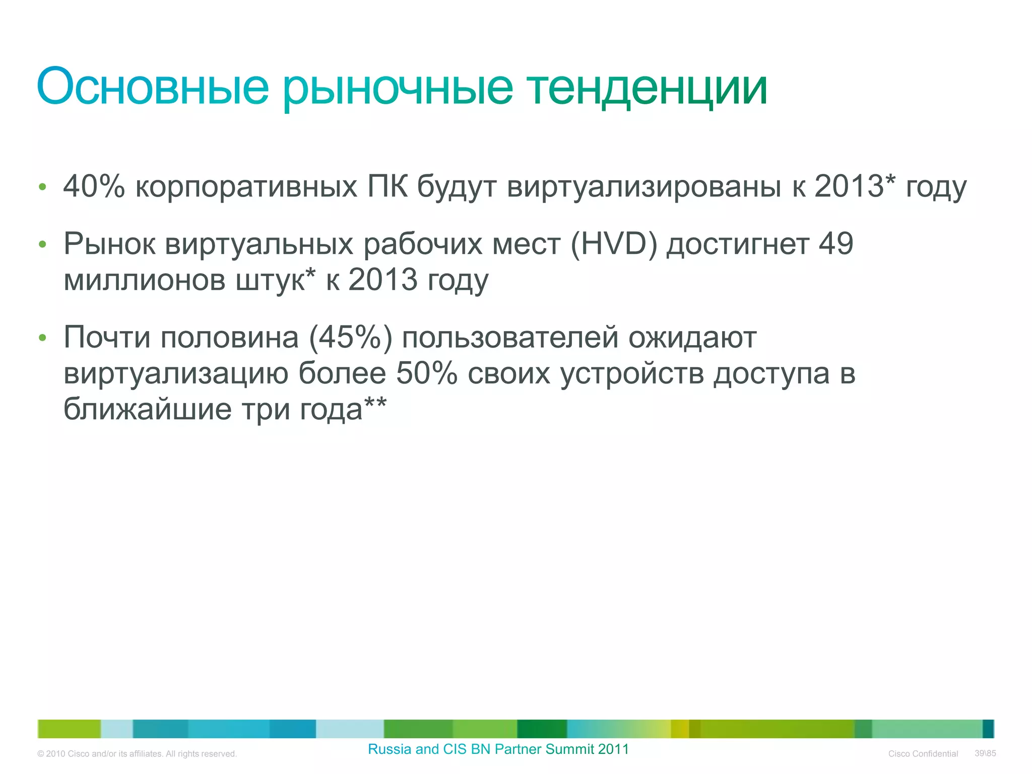 • 40% корпоративных ПК будут виртуализированы к 2013* году

• Рынок виртуальных рабочих мест (HVD) достигнет 49
       миллионов штук* к 2013 году
• Почти половина (45%) пользователей ожидают
       виртуализацию более 50% своих устройств доступа в
       ближайшие три года**




© 2010 Cisco and/or its affiliates. All rights reserved.   Cisco Confidential   3985
 