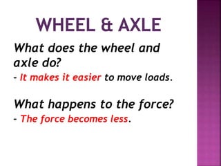 What does the wheel and
axle do?
- It makes it easier to move loads.
What happens to the force?
- The force becomes less.
 