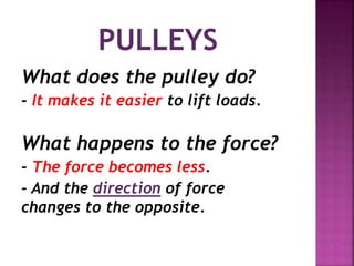 What does the pulley do?
- It makes it easier to lift loads.
What happens to the force?
- The force becomes less.
- And the direction of force
changes to the opposite.
 