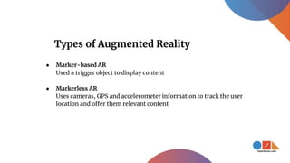 Types of Augmented Reality
● Marker-based AR
Used a trigger object to display content
● Markerless AR
Uses cameras, GPS and accelerometer information to track the user
location and offer them relevant content
 