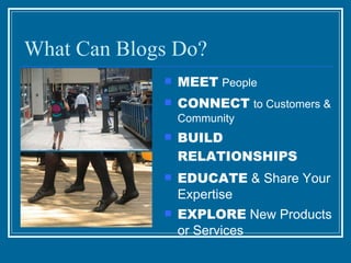 What Can Blogs Do? MEET   People  CONNECT   to Customers & Community  BUILD RELATIONSHIPS EDUCATE  & Share Your Expertise EXPLORE  New Products or Services   
