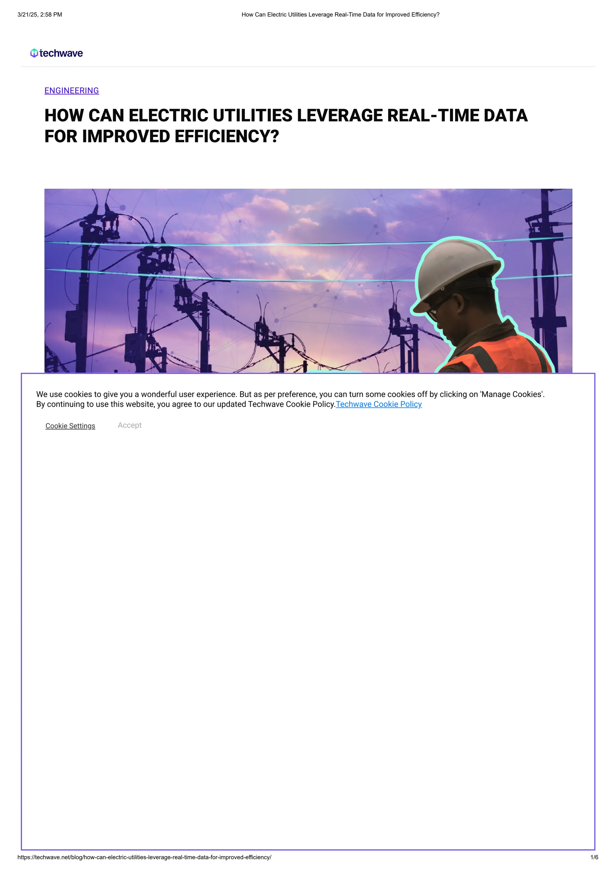 ENGINEERING
​
​
HOW CAN ELECTRIC UTILITIES LEVERAGE REAL-TIME DATA
FOR IMPROVED EFFICIENCY?
The utility industry is the lifeline of our cities, carrying power from remote, wind-swept plains to bustling urban centres. But this vital
lifeline is facing a major challenge. As climate change intensifies, with events like wildfires or forest fires raging and heatwaves soaring
becoming more frequent, the urgency to transition to clean energy and decarbonize has never been greater. Renewable Energy Sources
(RES) are expected to supply 45–50% of global power by 2030, a clean energy surge fuelled by environmental concerns and economic
growth.
Yet, today’s ageing grid infrastructure struggles to accommodate the increasing demand and volatile nature of renewable energy. Built
for a slower-paced energy landscape, the current grid faces significant challenges, with tools and systems designed for more
predictable demands. To bridge the gap, utilities need up to 10,100 miles of new high-capacity lines each year—a costly, complex
expansion hindered by regulatory hurdles. The task is clear: modernise and expand to power a cleaner, more resilient future.
In short, the utility sector, traditionally known for stability and slow evolution, is now at a crossroads with unprecedented challenges and
opportunities that demand urgent action and adaptability, such as:
We use cookies to give you a wonderful user experience. But as per preference, you can turn some cookies off by clicking on 'Manage Cookies'.
By continuing to use this website, you agree to our updated Techwave Cookie Policy.Techwave Cookie Policy
Cookie Settings Accept
3/21/25, 2:58 PM ​
​
How Can Electric Utilities Leverage Real-Time Data for Improved Efficiency?
https://techwave.net/blog/how-can-electric-utilities-leverage-real-time-data-for-improved-efficiency/ 1/6
 
