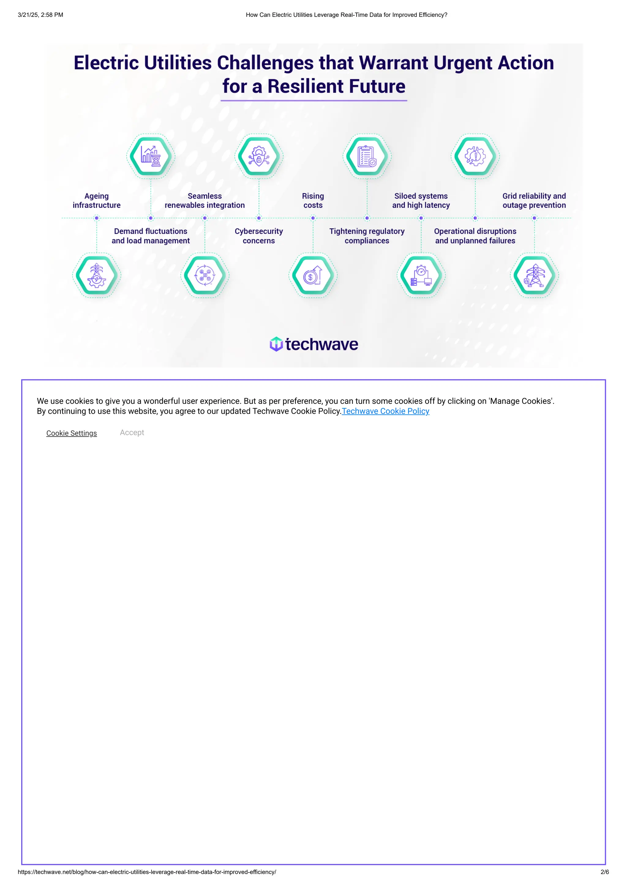 Ageing infrastructure: Decades-old grids weren’t built for today’s energy demands.
Demand fluctuations and load management: Energy demands can surge in seconds due to extreme weather or shifting patterns,
risking grid overload.
Renewables integration: Solar and wind energy, though clean, are highly variable. Integrating them without disrupting the grid
requires constant adjustments. As renewable energy grows, the lack of real-time insights to manage low-voltage distribution
networks can lead to instability, affecting reliability and causing voltage and frequency issues.
Cybersecurity: As the grid becomes more connected, it also becomes more vulnerable to cyber-attacks.
Cost control and efficiency: Without real-time data, energy distribution can be inefficient and costly.
Regulatory compliance: Safety, environmental standards, and reliability regulations are stricter than ever.
Siloed systems and high latency: Many utilities operate multiple systems that limit visibility and slow their ability to adapt to
market demands.
Operational disruptions and unplanned failures: Unexpected maintenance disrupts service, increases costs, and hurts revenue.
Grid reliability and outage prevention: Power outages bring cities to a halt.
Given the above, how can electric utilities navigate this complex landscape and swiftly adapt while ensuring seamless operations and
compliance? Real-time electric utility monitoring is the answer. Let’s see how.
REAL-TIME UTILITY MONITORING: A 360° VIEW OF YOUR POWER INFRASTRUCTURE & OPERATIONS
Real-time monitoring of electric utilities gives utility providers a 24/7 pulse on their entire network. You can have instant insights into
every substation, transformer, and power line—you will know exactly where power is flowing smoothly and where it’s facing hiccups.
80% of businesses see revenue growth with ​
real-time data. Similarly, utility monitoring offers providers real-time insights into their
operations, implying they can detect issues the moment they arise, preventing minor disruptions from turning into large-scale outages
and boosting performance and revenue.
Real-time monitoring is transformative for both the broader grid and individual facilities, offering a dual advantage that amplifies
efficiency across the energy landscape.
Grid level: By analysing data from various grid components, such as substations, transformers, and power lines, utility providers
can improve grid reliability, optimise operations, enhance customer service, and integrate renewable energy.
Facility level: On a smaller scale, buildings and facilities gain real-time insights into their energy usage, enabling smarter
consumption, cost savings, and a lower environmental footprint.
This dual benefit means real-time monitoring not only ensures reliable energy flow at a macro level but also optimises usage at each
facility—driving efficiency, sustainability, and superefficient energy management everywhere.
We use cookies to give you a wonderful user experience. But as per preference, you can turn some cookies off by clicking on 'Manage Cookies'.
By continuing to use this website, you agree to our updated Techwave Cookie Policy.Techwave Cookie Policy
Cookie Settings Accept
3/21/25, 2:58 PM ​
​
How Can Electric Utilities Leverage Real-Time Data for Improved Efficiency?
https://techwave.net/blog/how-can-electric-utilities-leverage-real-time-data-for-improved-efficiency/ 2/6
 