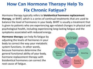 Hormone therapy typically refers to bioidentical hormone replacement
therapy, or BHRT, which is a series of continual treatments that are used to
balance the level of hormones in your body. BHRT is usually a treatment that
is given to patients who are experiencing age-related changes in physical and
psychological health, including experiencing long-lasting fatigue and the
symptoms associated with reduced energy.
Hormone therapy can help fix fatigue by
adjusting the levels of hormones in your
body to correct the way your metabolic
system functions. In other words,
because hormones determine the
general functional ability of your body,
hormone replacement therapy with
bioidentical hormones can correct the
root cause of fatigue.
 
