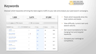 Discover which keywords will bring the best organic traffic to your site and analyze your paid search campaigns.
•  Track ...