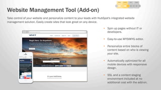 Take control of your website and personalize content to your leads with HubSpot's integrated website
management solution. ...