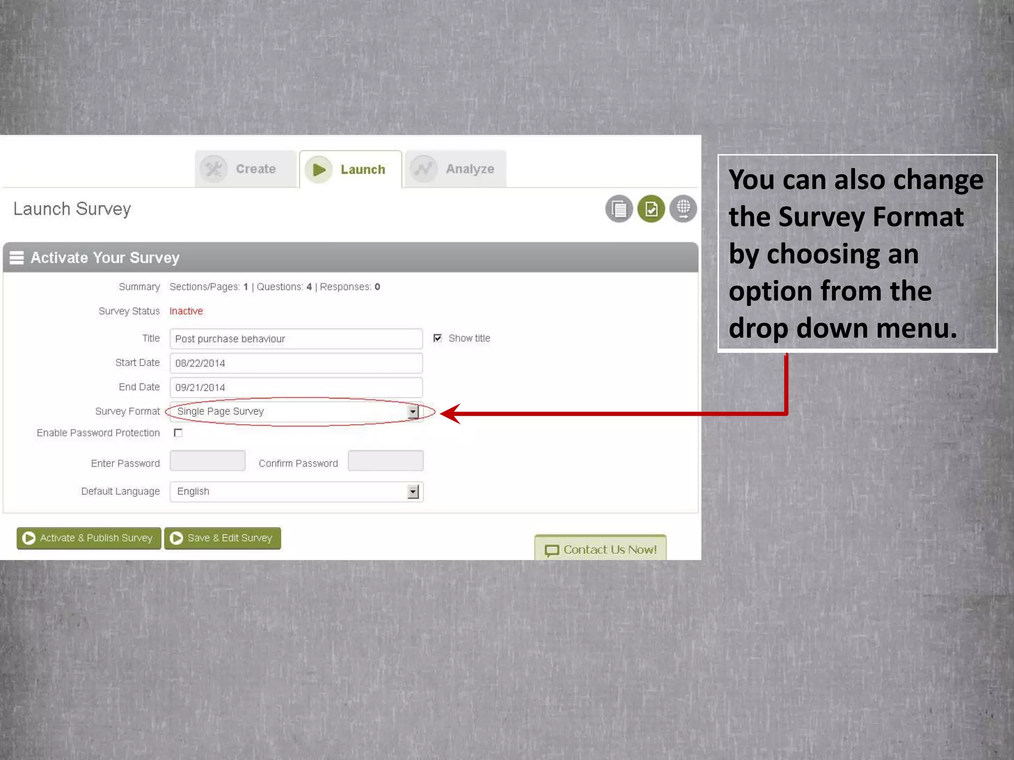 You can also change 
the Survey Format 
by choosing an 
option from the 
drop down menu. 
 