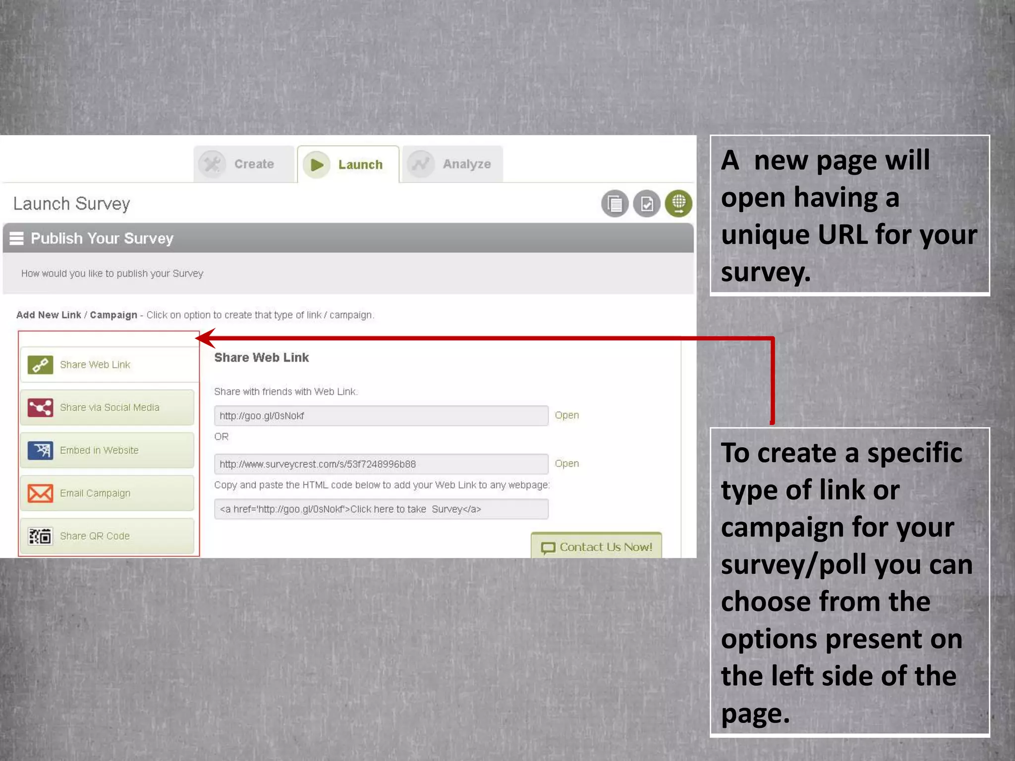 A new page will 
open having a 
unique URL for your 
survey. 
To create a specific 
type of link or 
campaign for your 
survey/poll you can 
choose from the 
options present on 
the left side of the 
page. 
