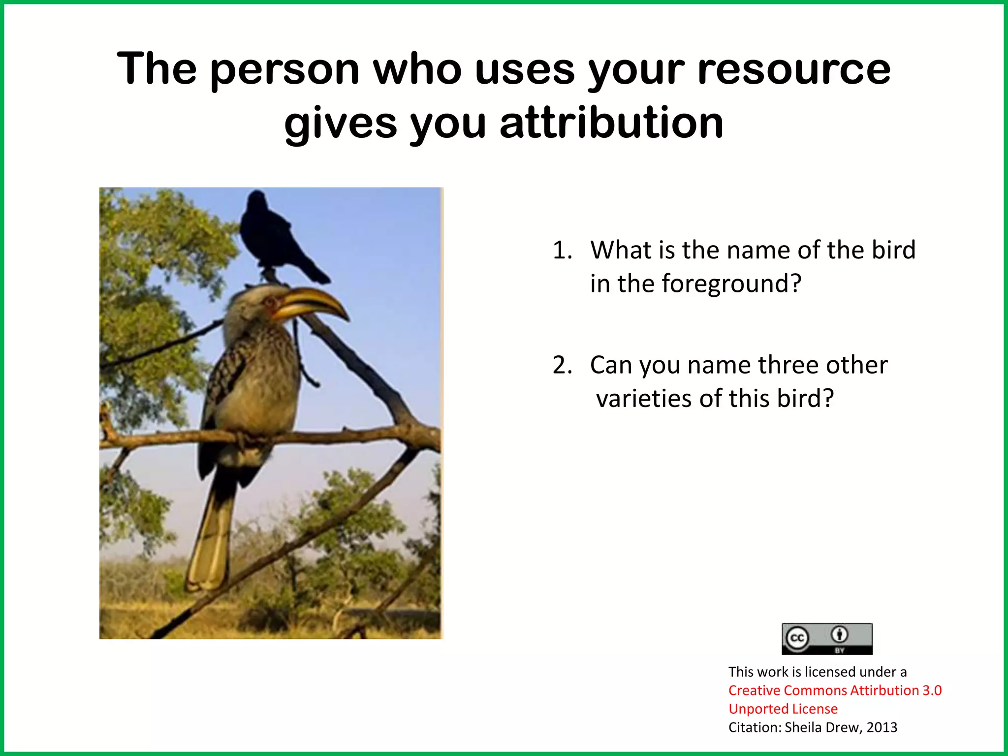 The person who uses your resource
gives you attribution
1. What is the name of the bird
in the foreground?
2. Can you name three other
varieties of this bird?
This work is licensed under a
Creative Commons Attirbution 3.0
Unported License
Citation: Sheila Drew, 2013
 