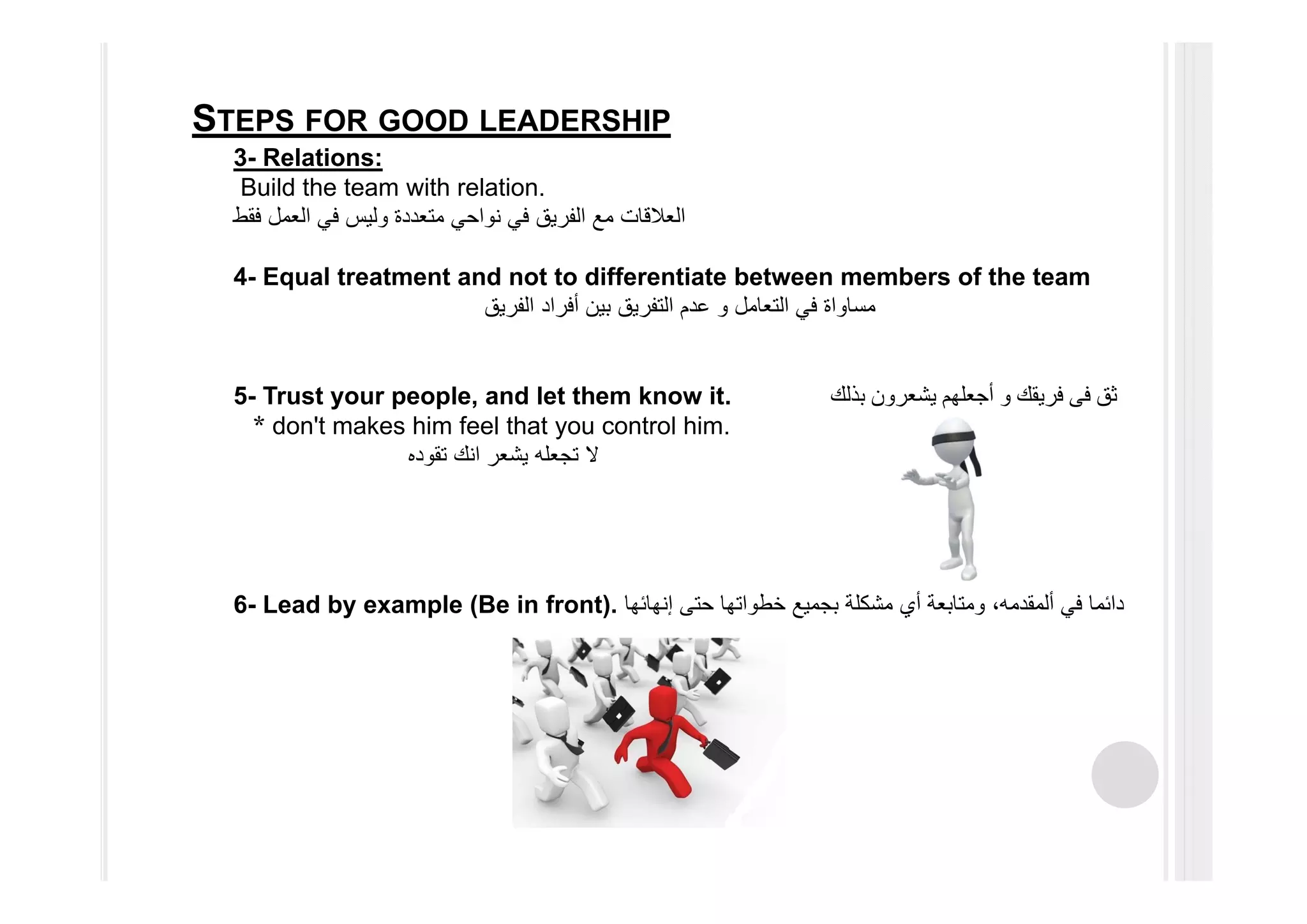 3- Relations:
Build the team with relation.
‫فقط‬ ‫العمل‬ ‫في‬ ‫وليس‬ ‫متعددة‬ ‫نواحي‬ ‫في‬ ‫الفريق‬ ‫مع‬ ‫العالقات‬
4- Equal treatment and not to differentiate between members of the team
‫التعامل‬ ‫في‬ ‫مساواة‬‫و‬‫الفريق‬ ‫أفراد‬ ‫بين‬ ‫التفريق‬ ‫عدم‬
5- Trust your people, and let them know it. ‫ثق‬‫فى‬‫فريقك‬‫و‬‫بذلك‬ ‫يشعرون‬ ‫أجعلھم‬
* don't makes him feel that you control him.
‫تقوده‬ ‫انك‬ ‫يشعر‬ ‫تجعله‬ ‫ال‬
6- Lead by example (Be in front). ‫إنھائھا‬ ‫حتى‬ ‫خطواتھا‬ ‫بجميع‬ ‫مشكلة‬ ‫أي‬ ‫ومتابعة‬ ،‫ألمقدمه‬ ‫في‬ ‫دائما‬
STEPS FOR GOOD LEADERSHIP
 