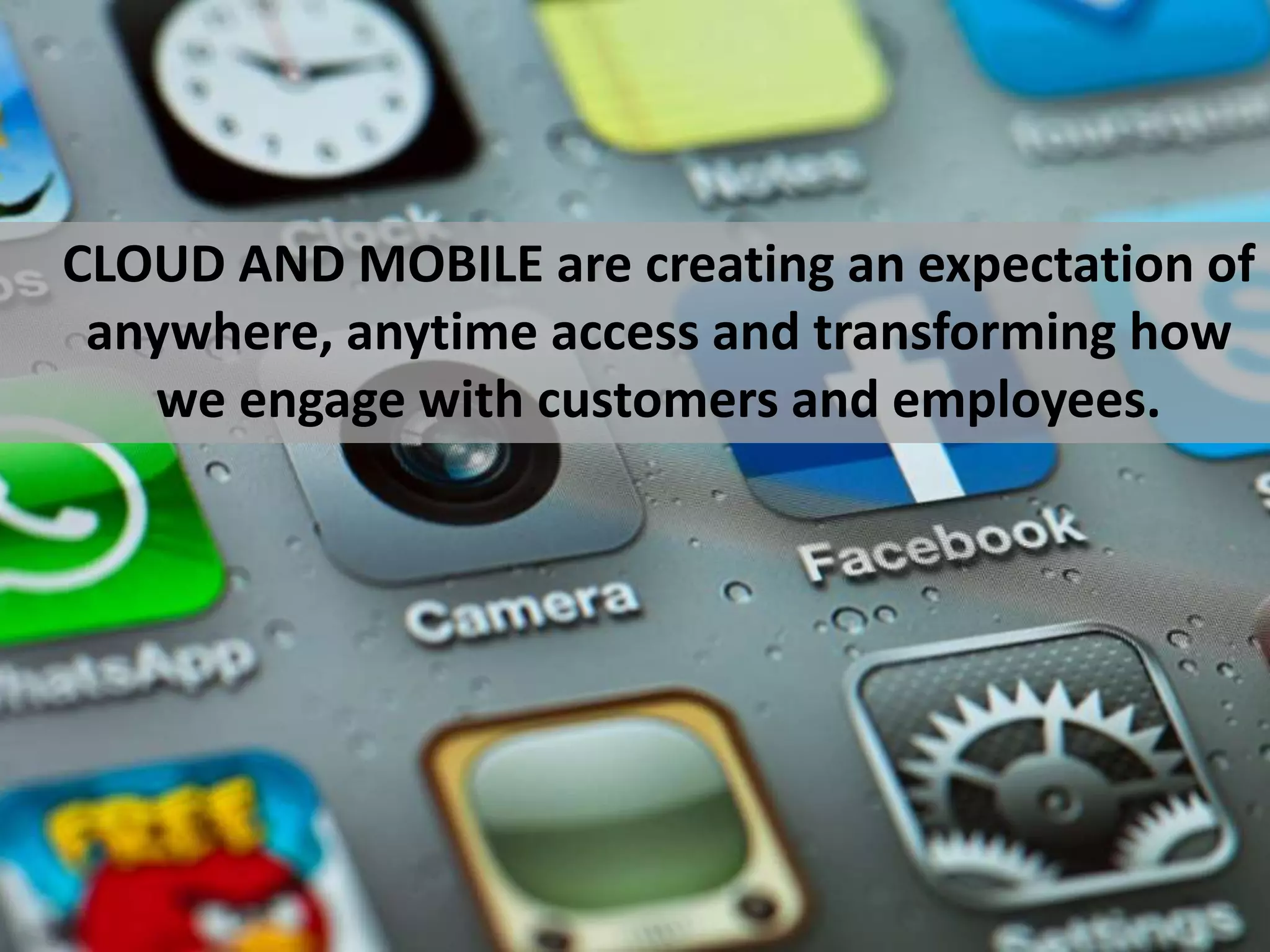 CLOUD AND MOBILE are creating an expectation of 
anywhere, anytime access and transforming how 
we engage with customers and employees. 
 