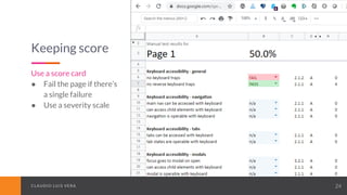 CLAUDIO LUIS VERACLAUDIO LUIS VERA 24
Keeping score
Use a score card
● Fail the page if there’s
a single failure
● Use a severity scale
 