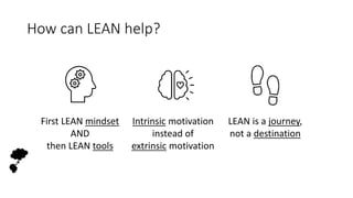 How can LEAN help?
LEAN is a journey,
not a destination
Intrinsic motivation
instead of
extrinsic motivation
First LEAN mi...