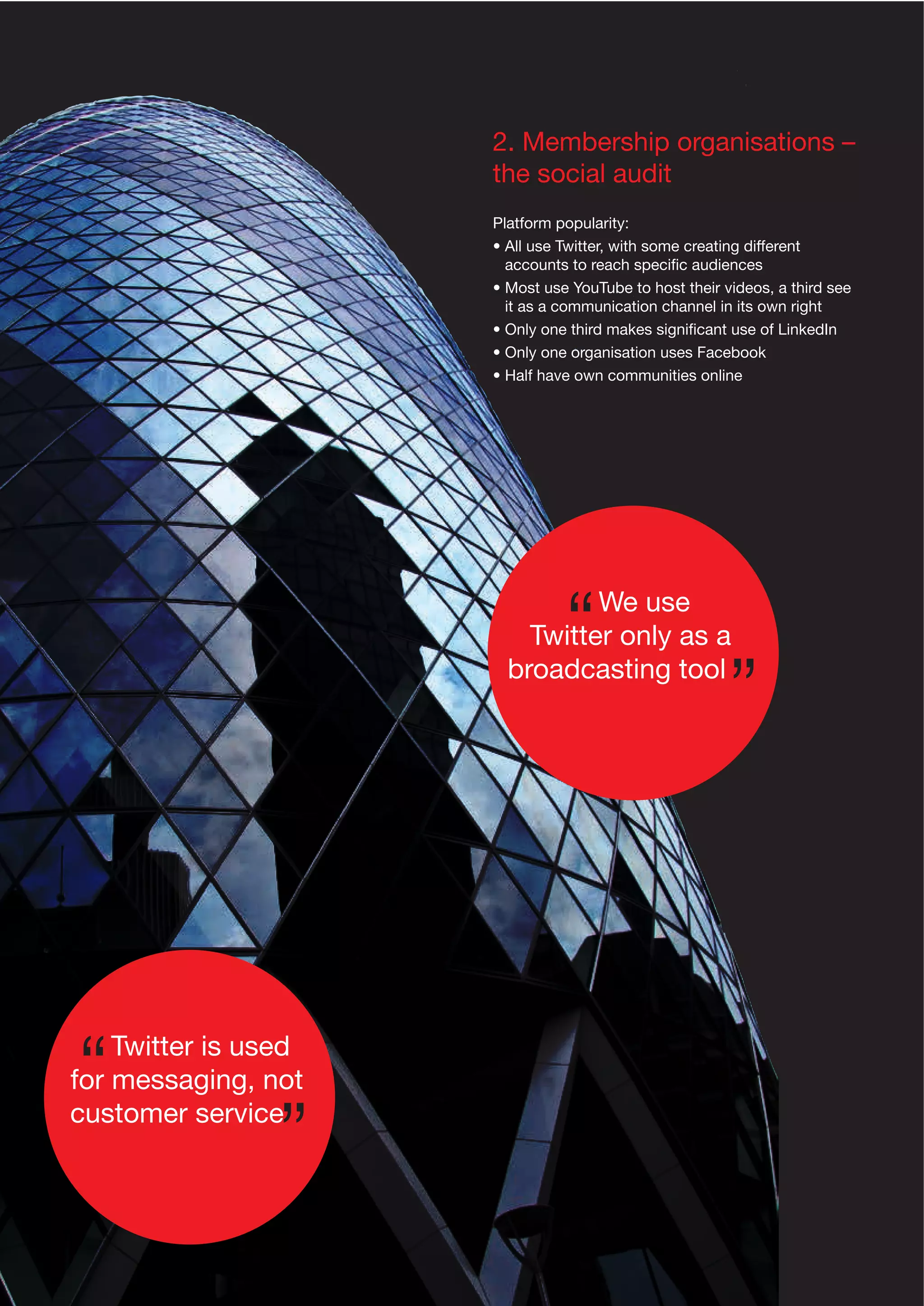 2. Membership organisations –
the social audit
Platform popularity:
• All use Twitter, with some creating different
accounts to reach speciﬁc audiences
• Most use YouTube to host their videos, a third see
it as a communication channel in its own right
• Only one third makes signiﬁcant use of LinkedIn
• Only one organisation uses Facebook
• Half have own communities online

We use
Twitter only as a
broadcasting tool

Twitter is used
for messaging, not
customer service

 