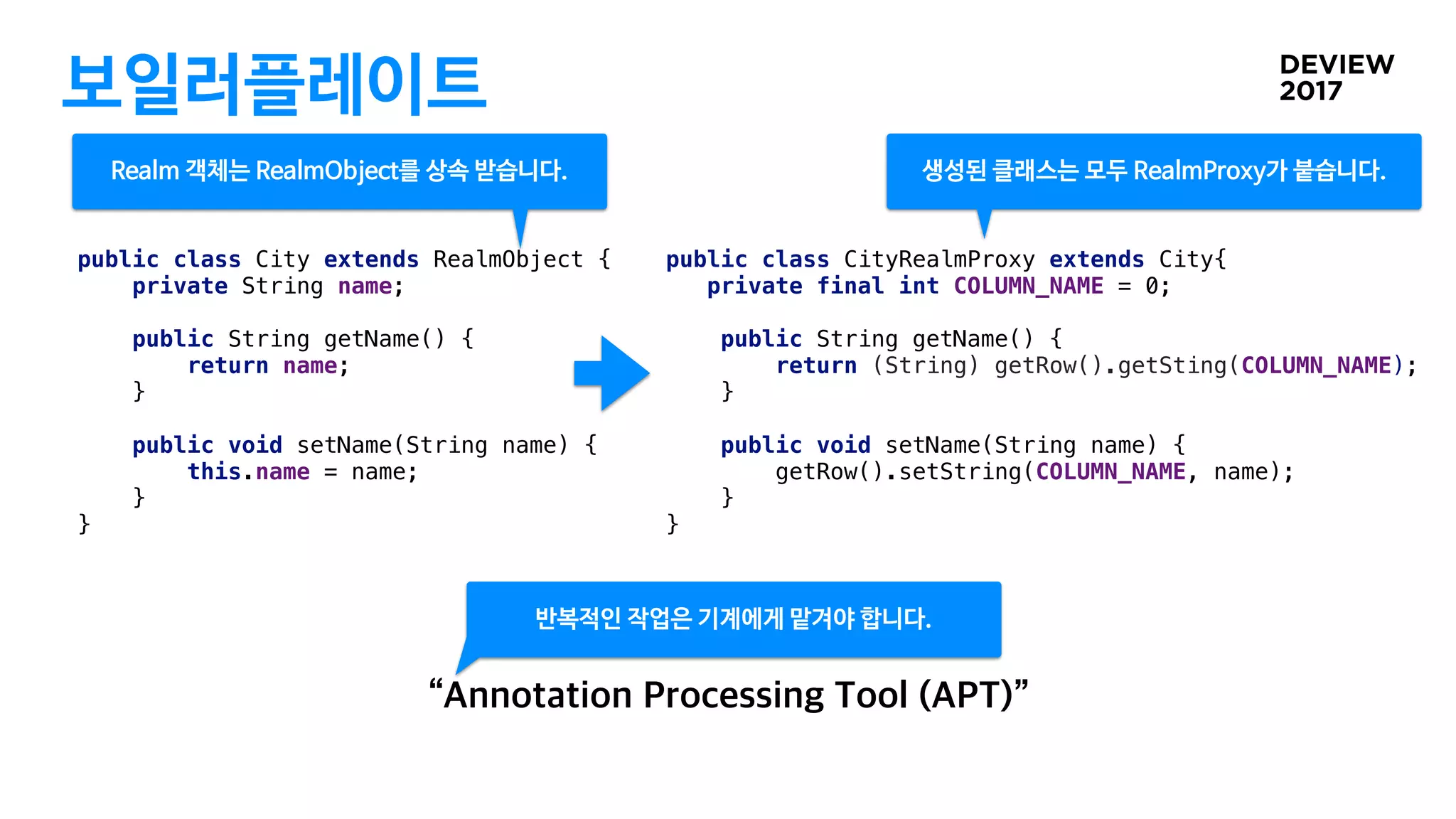 보일러플레이트
public class City extends RealmObject {
private String name;
public String getName() {
return name;
}
public void setName(String name) {
this.name = name;
}
}
public class CityRealmProxy extends City{
private final int COLUMN_NAME = 0;
public String getName() {
return (String) getRow().getSting(COLUMN_NAME);
}
public void setName(String name) {
getRow().setString(COLUMN_NAME, name);
}
}
반복적인 작업은 기계에게 맡겨야 합니다.
생성된 클래스는 모두 RealmProxy가 붙습니다.Realm 객체는 RealmObject를 상속 받습니다.
 