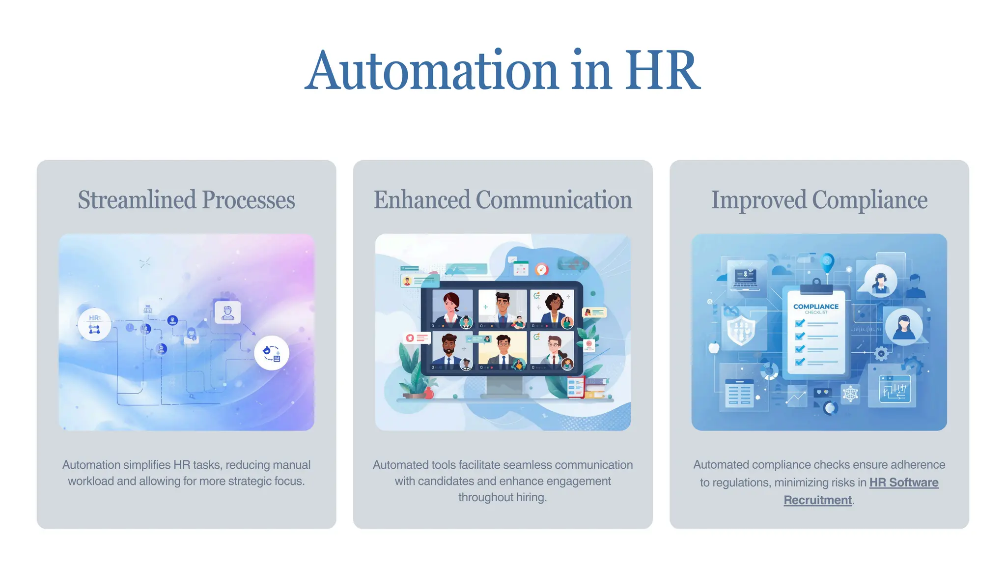 Automation simplifies HR tasks, reducing manual
workload and allowing for more strategic focus.
Streamlined Processes
Automated tools facilitate seamless communication
with candidates and enhance engagement
throughout hiring.
Enhanced Communication
Automated compliance checks ensure adherence
to regulations, minimizing risks in HR Software
Recruitment.
Improved Compliance
Automation in HR
 