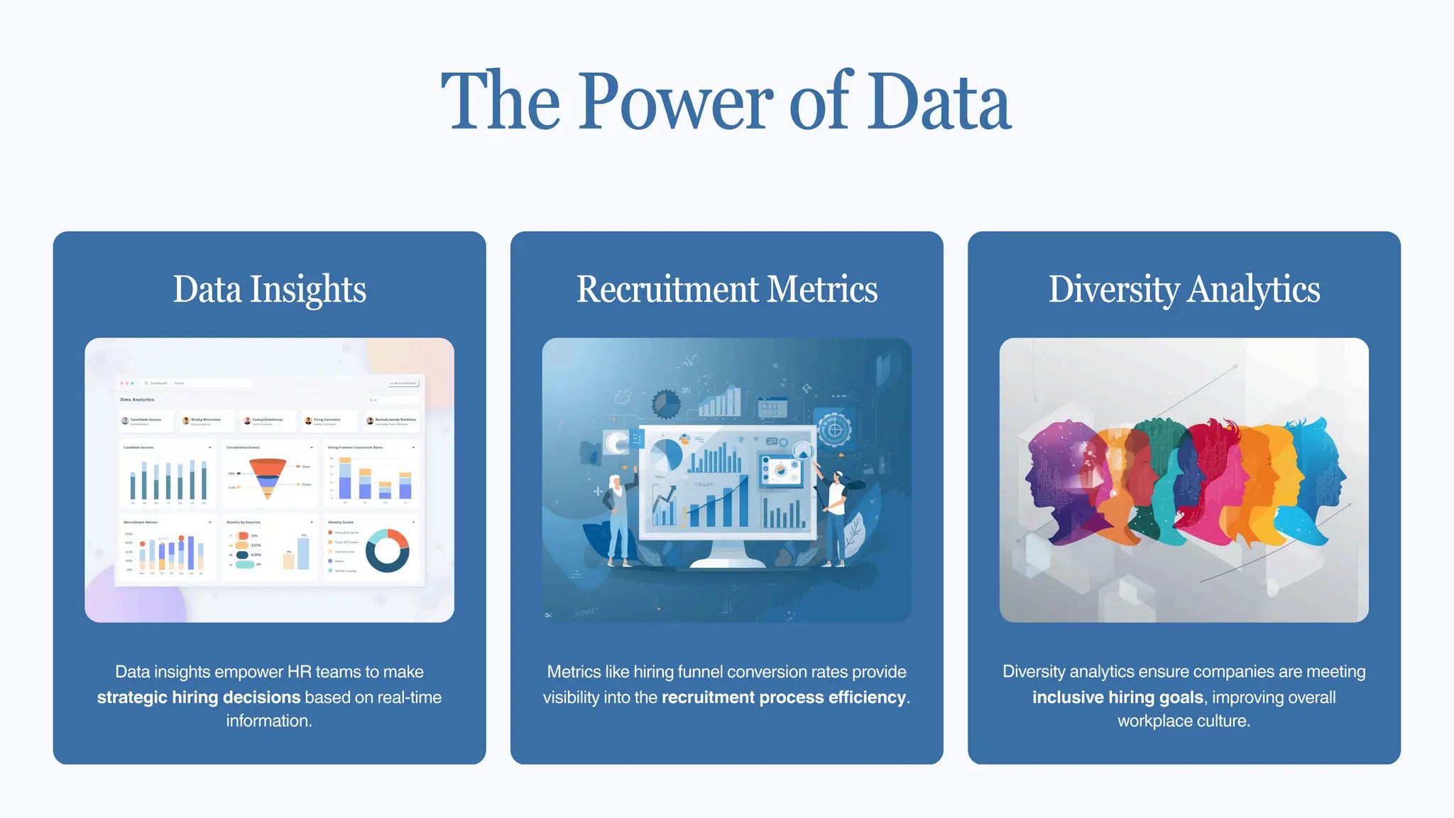 Data insights empower HR teams to make
strategic hiring decisions based on real-time
information.
Data Insights
Metrics like hiring funnel conversion rates provide
visibility into the recruitment process efficiency.
Recruitment Metrics
Diversity analytics ensure companies are meeting
inclusive hiring goals, improving overall
workplace culture.
Diversity Analytics
The Power of Data
 