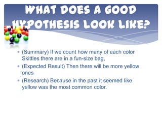 What does a good
hypothesis look like?
(Summary) If we count how many of each color
Skittles there are in a fun-size bag,
(Expected Result) Then there will be more yellow
ones
(Research) Because in the past it seemed like
yellow was the most common color.

 