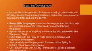 Back-End Development
It involves the implementation of the server-side logic, databases, and
APIs (Application Programming Interfaces) that enable communication
between the front end and the server.
 Server-Side Languages: these handles request from the client side
and generate appropriate responses by using the following
languages:
 Python: Known for its simplicity and versatility, with frameworks like
Django and Flask.
 Ruby: Used with the Ruby on Rails framework for rapid web
application development.
 Java: A widely used language with frameworks like Spring for
building robust back-end systems.
 C#: Primarily used with the .NET framework for building scalable
 