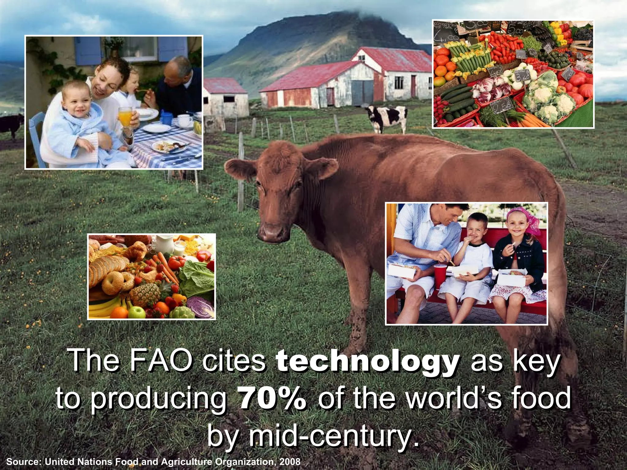 The FAO cites  technology   as key to producing  70%   of the world’s food by mid-century. Source: United Nations Food and Agriculture Organization, 2008 The FAO cites  technology   as key to producing  70%   of the world’s food by mid-century. 