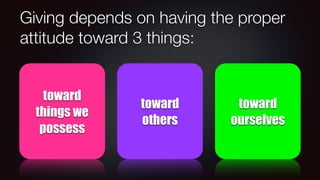 Giving depends on having the proper
attitude toward 3 things:
toward
things we
possess
toward
others
toward
ourselves
 