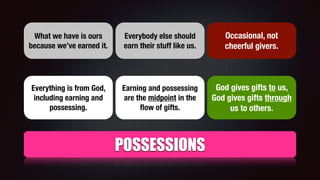 POSSESSIONS
What we have is ours
because we’ve earned it.
Everybody else should
earn their stuff like us.
Occasional, not
cheerful givers.
Everything is from God,
including earning and
possessing.
Earning and possessing
are the midpoint in the
ﬂow of gifts.
God gives gifts to us,
God gives gifts through
us to others.
 