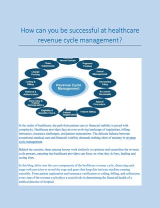 How can you be successful at healthcare
revenue cycle management?
In the realm of healthcare, the path from patient care to financial stability is paved with
complexity. Healthcare providers face an ever-evolving landscape of regulations, billing
intricacies, insurance challenges, and patient expectations. The delicate balance between
exceptional medical care and financial viability demands nothing short of mastery in revenue
cycle management.
Behind the curtains, these unsung heroes work tirelessly to optimize and streamline the revenue
cycle process, ensuring that healthcare providers can focus on what they do best: healing and
saving lives.
In this blog, delve into the core components of the healthcare revenue cycle, dissecting each
stage with precision to reveal the cogs and gears that keep this intricate machine running
smoothly. From patient registration and insurance verification to coding, billing, and collections,
every step of the revenue cycle plays a crucial role in determining the financial health of a
medical practice or hospital.
 