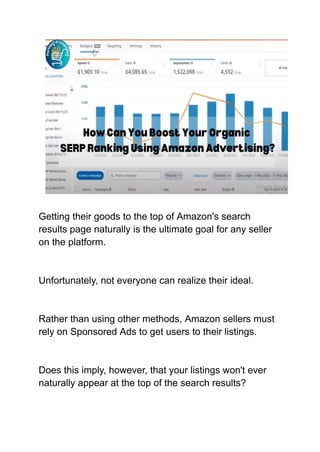 Getting their goods to the top of Amazon's search
results page naturally is the ultimate goal for any seller
on the platform.
Unfortunately, not everyone can realize their ideal.
Rather than using other methods, Amazon sellers must
rely on Sponsored Ads to get users to their listings.
Does this imply, however, that your listings won't ever
naturally appear at the top of the search results?
 