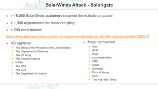 SolarWinds Attack - Solorigate
● > 18,000 SolarWinds customers received the malicious update
● > 1,000 experienced the backdoor ping
● > 200 were hacked
https://www.businessinsider.com/list-of-companies-agencies-at-risk-after-solarwinds-hack-2020-12
● US agencies
 The Office of the President of the United States
 The Department of Defense
 The US Army
 The Federal Reserve
 NASA
 The NSA
 The CDC
 The Department of Justice
● Major companies
 Visa
 AT&T
 PwC
 Lockheed Martin
 CBS
 Cisco
 Comcast
 Ernst & Young
 Hertz
 The New York Times
 