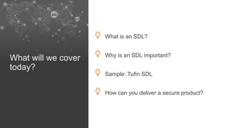 What will we cover
today?
What is an SDL?
Why is an SDL important?
Sample: Tufin SDL
How can you deliver a secure product?
 