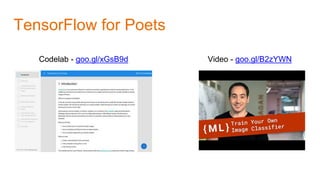 Codelab - goo.gl/xGsB9d Video - goo.gl/B2zYWN
TensorFlow for Poets
 
