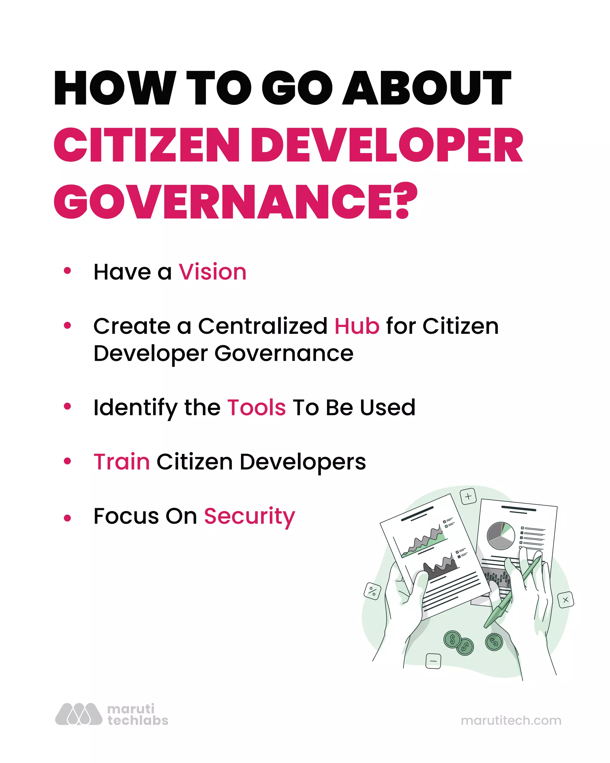 marutitech.com
HOW TO GO ABOUT
CITIZEN DEVELOPER
GOVERNANCE?
Have a Vision
Create a Centralized Hub for Citizen
Developer Governance
Identify the Tools To Be Used
Train Citizen Developers
Focus On Security