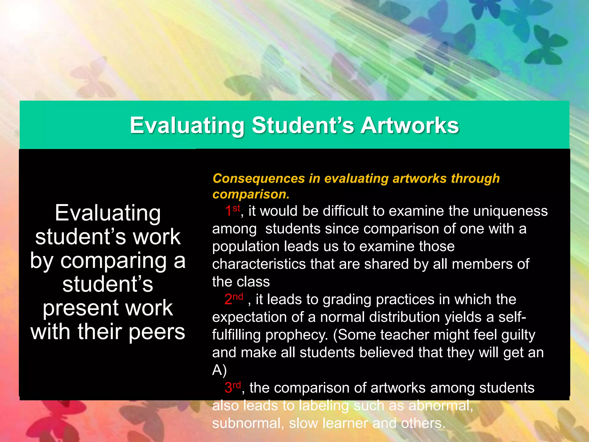 Evaluating Student’s Artworks 
Evaluating 
student’s work 
by comparing a 
student’s 
present work 
with their peers 
Consequences in evaluating artworks through 
comparison. 
1st, it would be difficult to examine the uniqueness 
among students since comparison of one with a 
population leads us to examine those 
characteristics that are shared by all members of 
the class 
2nd , it leads to grading practices in which the 
expectation of a normal distribution yields a self-fulfilling 
prophecy. (Some teacher might feel guilty 
and make all students believed that they will get an 
A) 
3rd, the comparison of artworks among students 
also leads to labeling such as abnormal, 
subnormal, slow learner and others. 
 