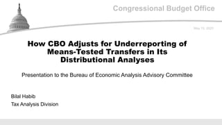 Congressional Budget Office
Presentation to the Bureau of Economic Analysis Advisory Committee
May 15, 2020
Bilal Habib
Tax Analysis Division
How CBO Adjusts for Underreporting of
Means-Tested Transfers in Its
Distributional Analyses
 